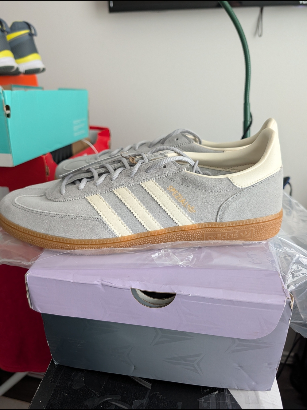 adidas Men’s Grey Suede Spezial Sneakers with Cream Stripes and Gum Sole